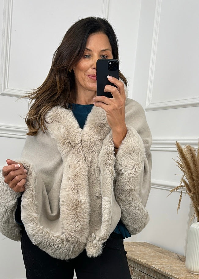 Shauna Beige Faux Fur Trim Poncho