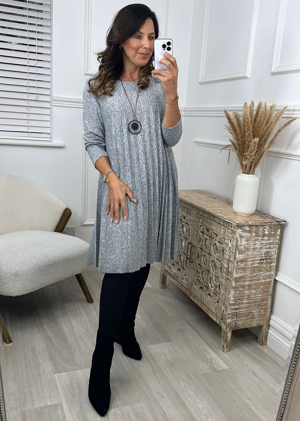 Bianca Grey Pleated Knit Dress