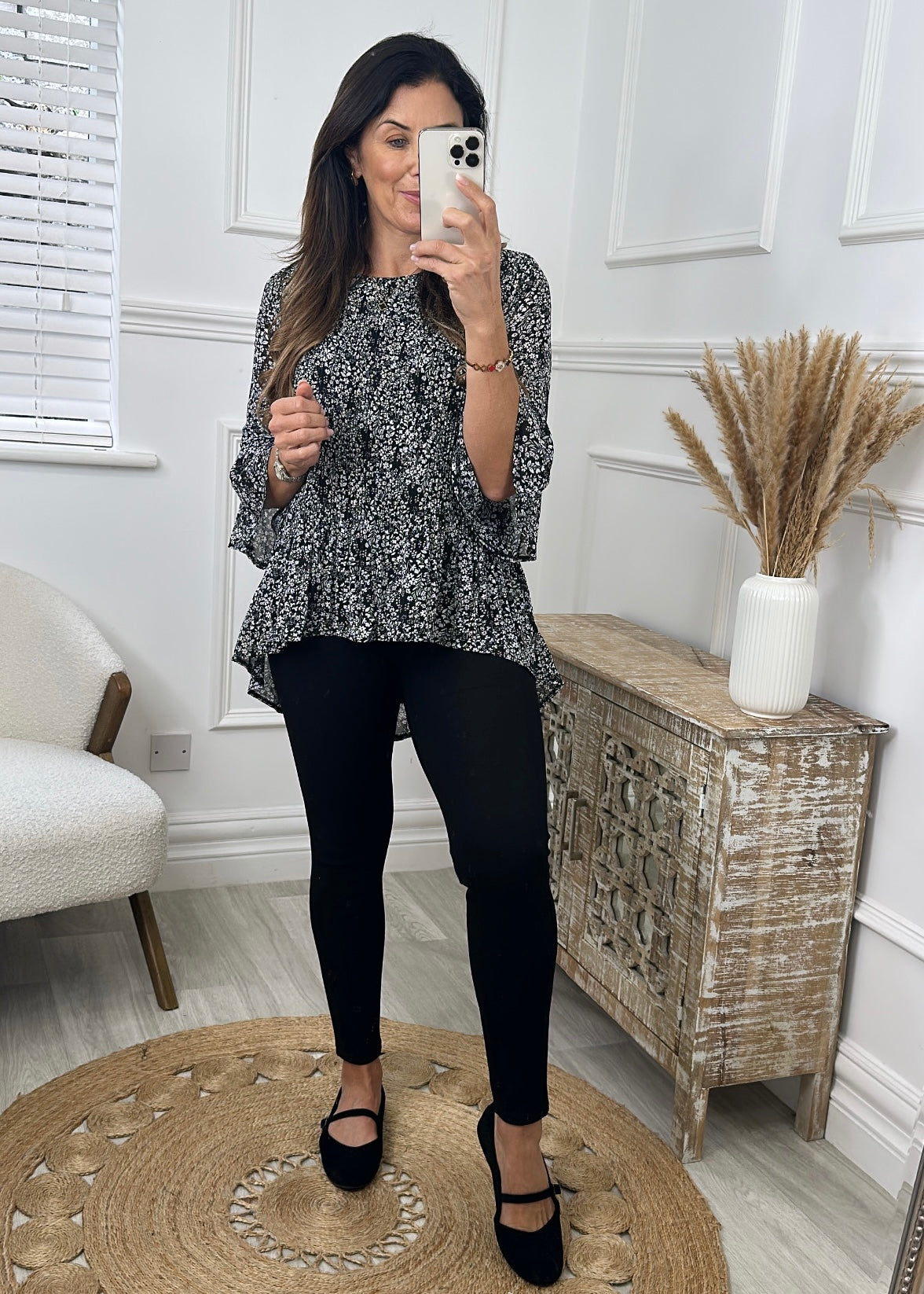 Hayley Black Ditsy Print Curve Hem Blouse