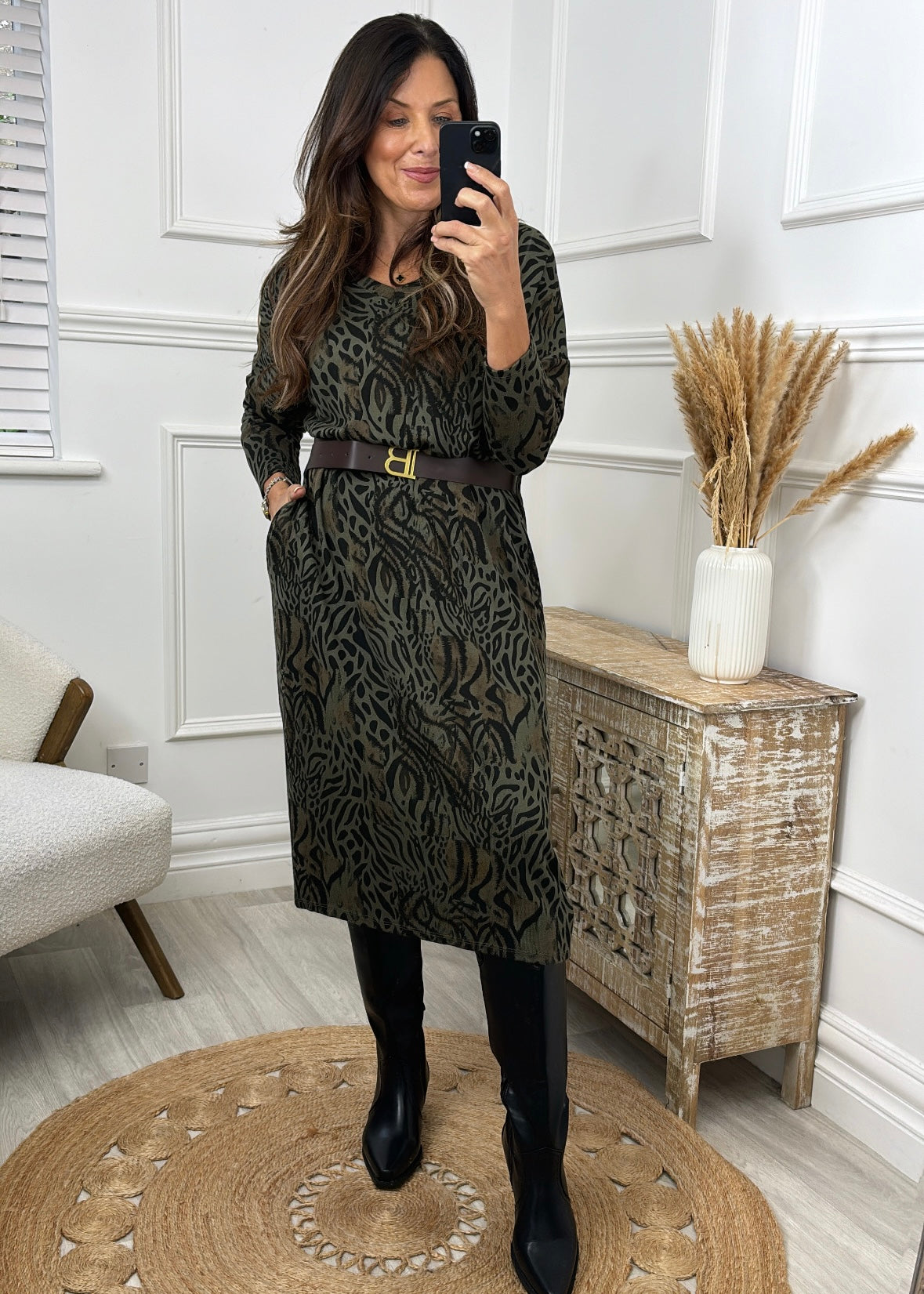 Thelma Khaki Animal Print Knitted Dress