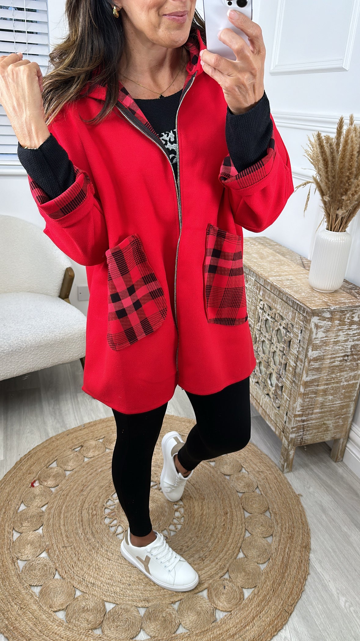 Leslie Red Check Pocket Duster Coat