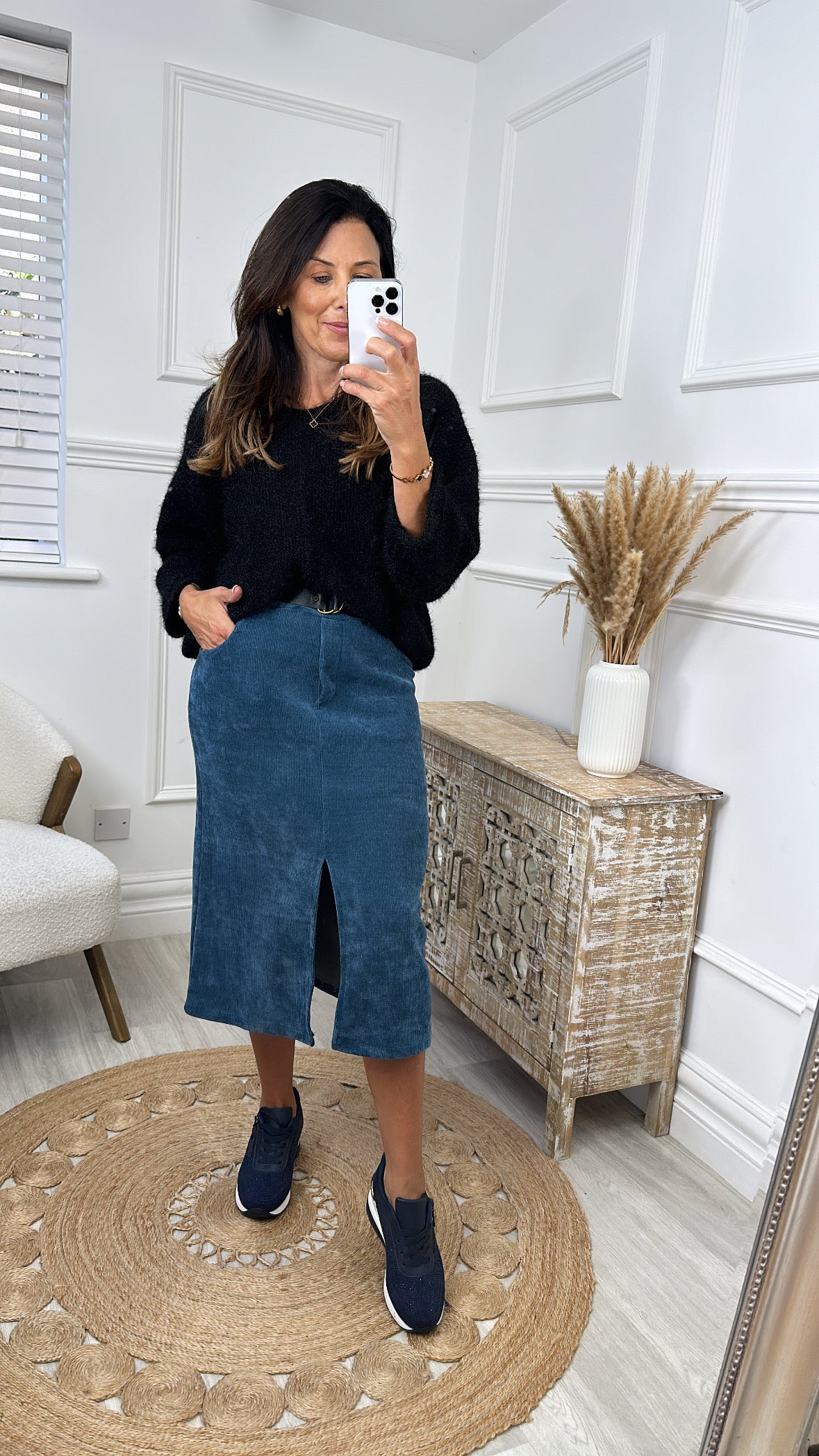 Marla Blue Velvet Front Slit Midi Skirt