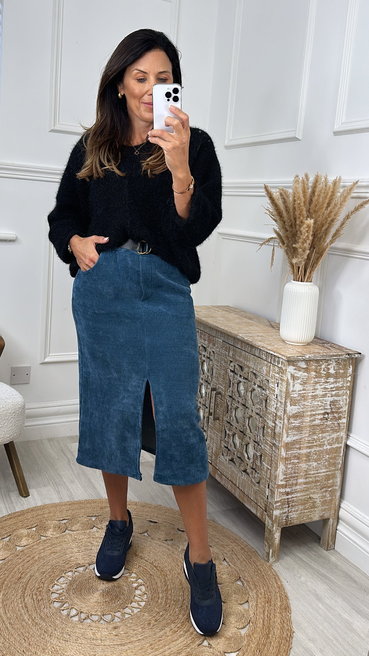 Marla Blue Velvet Front Slit Midi Skirt