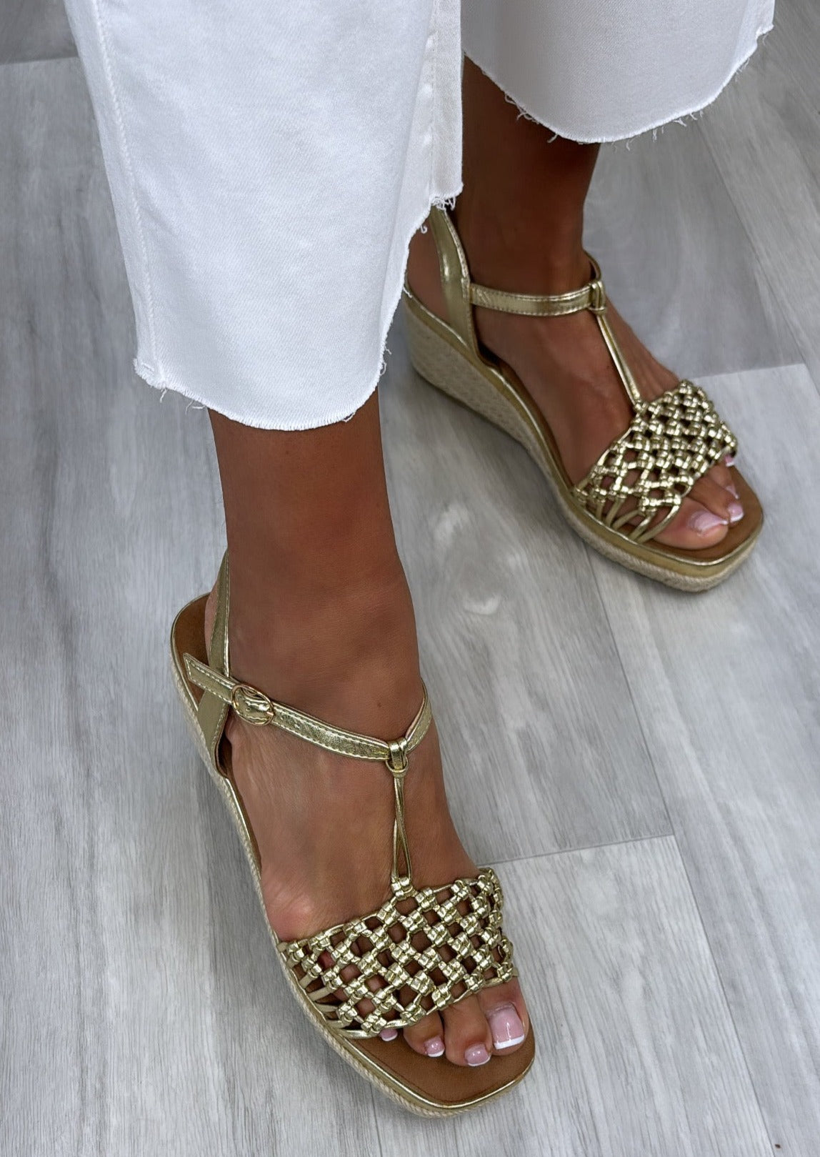 Giselle Gold Crochet Wedge Sandals