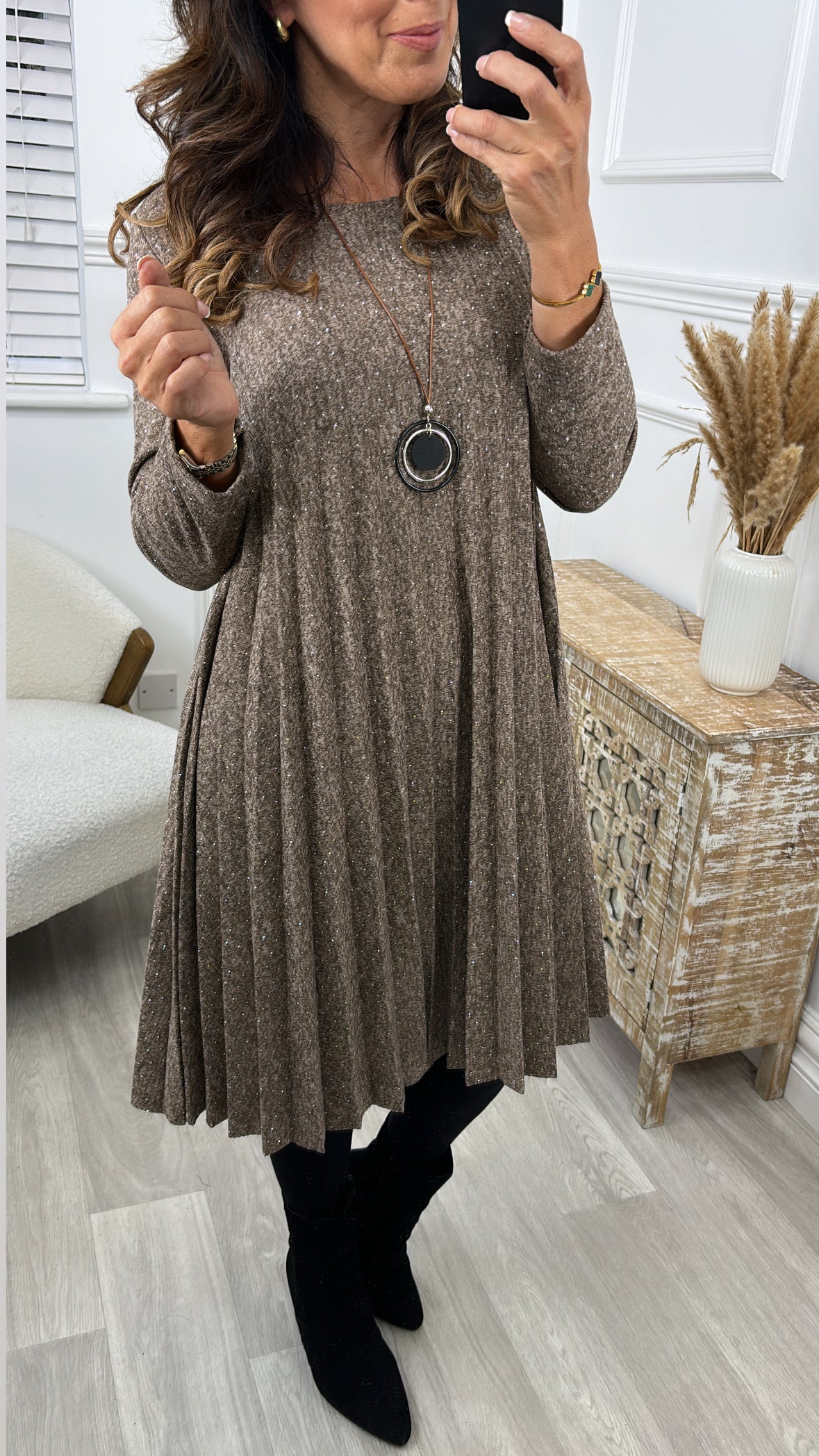 Bianca Camel Pleated Knit Dress