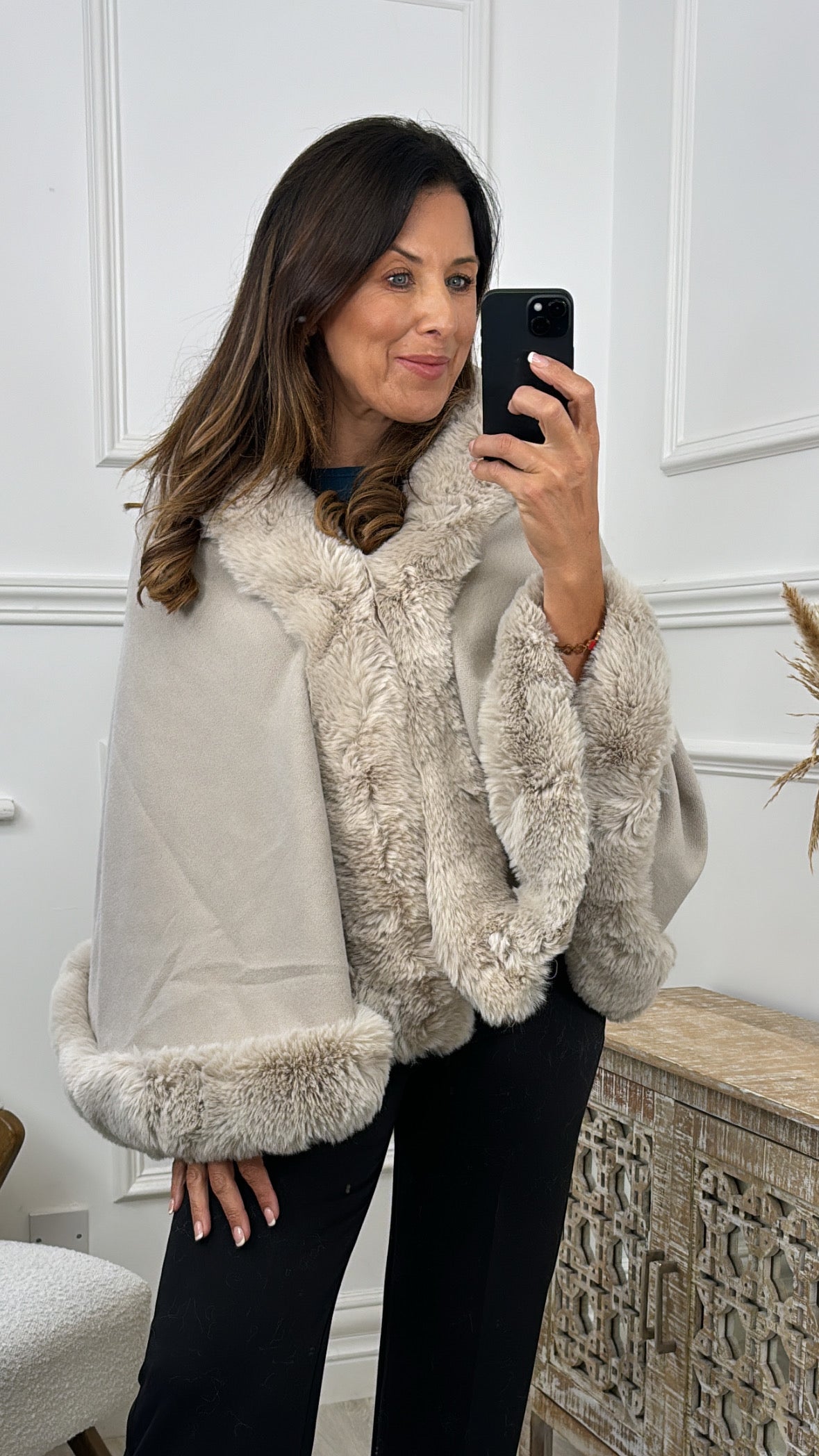 Shauna Beige Faux Fur Trim Poncho