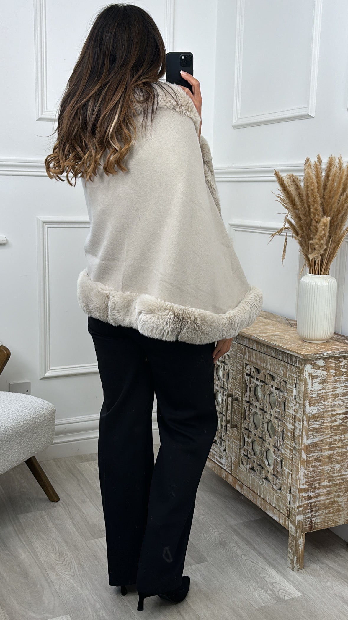 Shauna Beige Faux Fur Trim Poncho