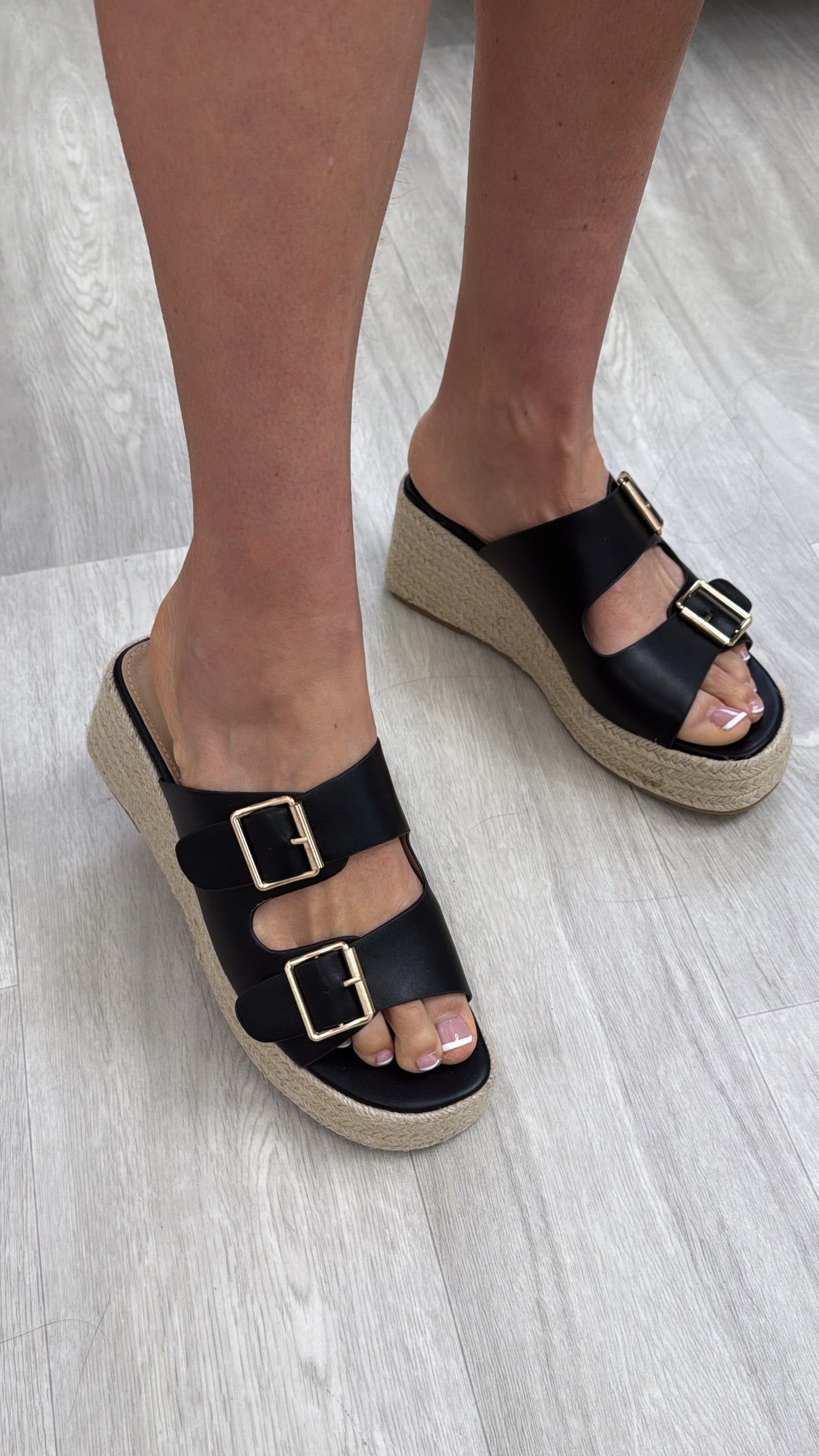 Cathy Black Wedge Buckle Sandals