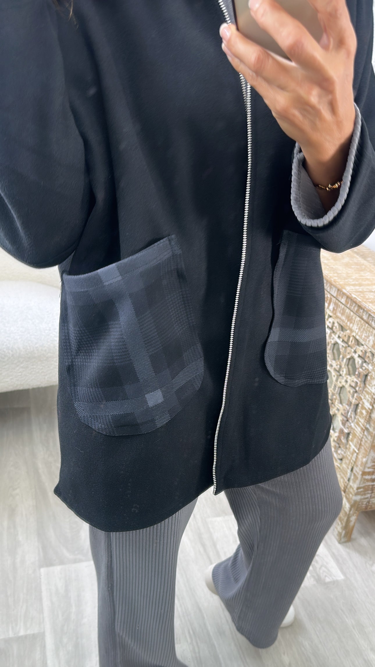 Leslie Black Check Pocket Duster Coat