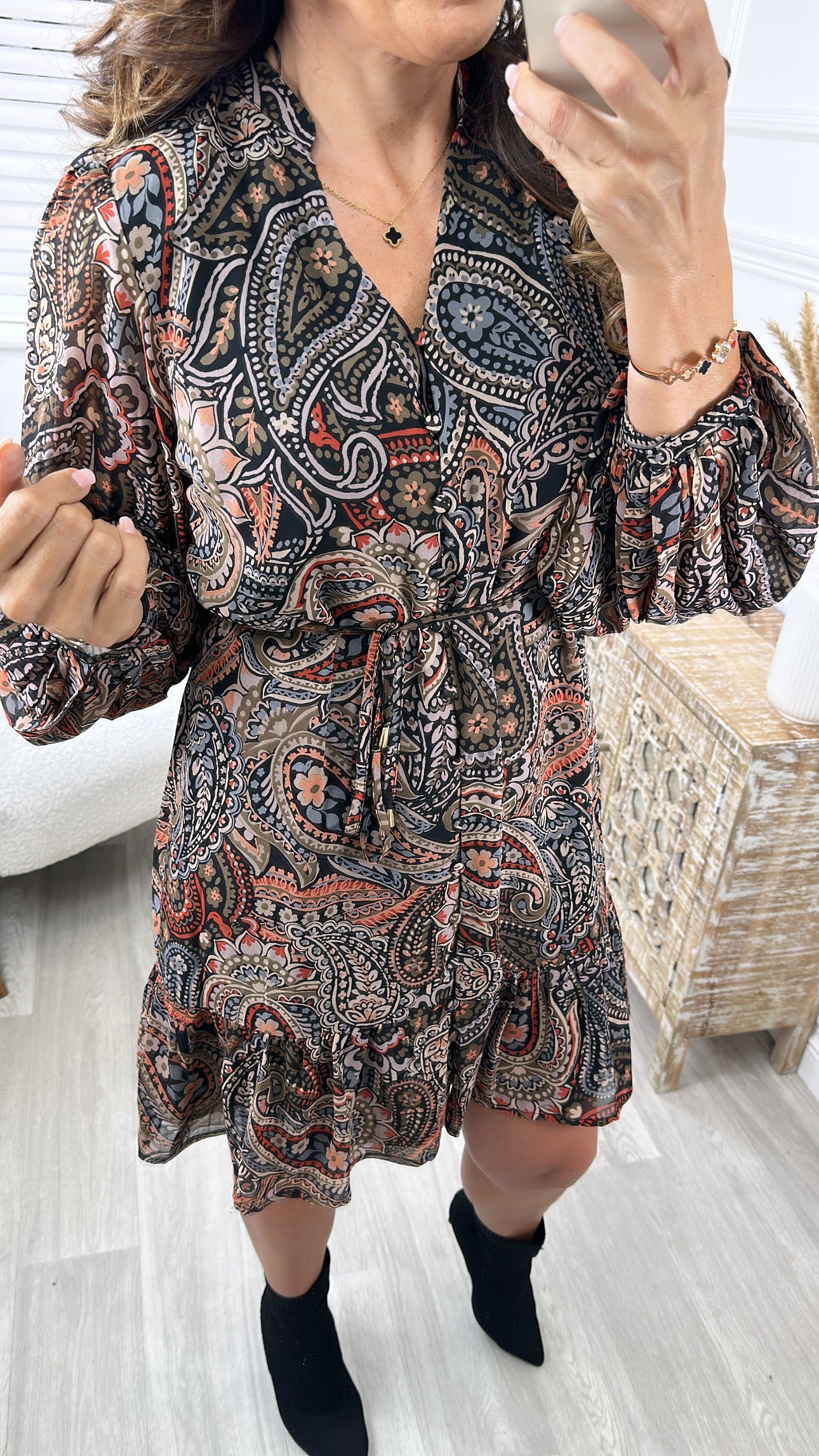 Aureole Paisley Puff Sleeve Mini Dress