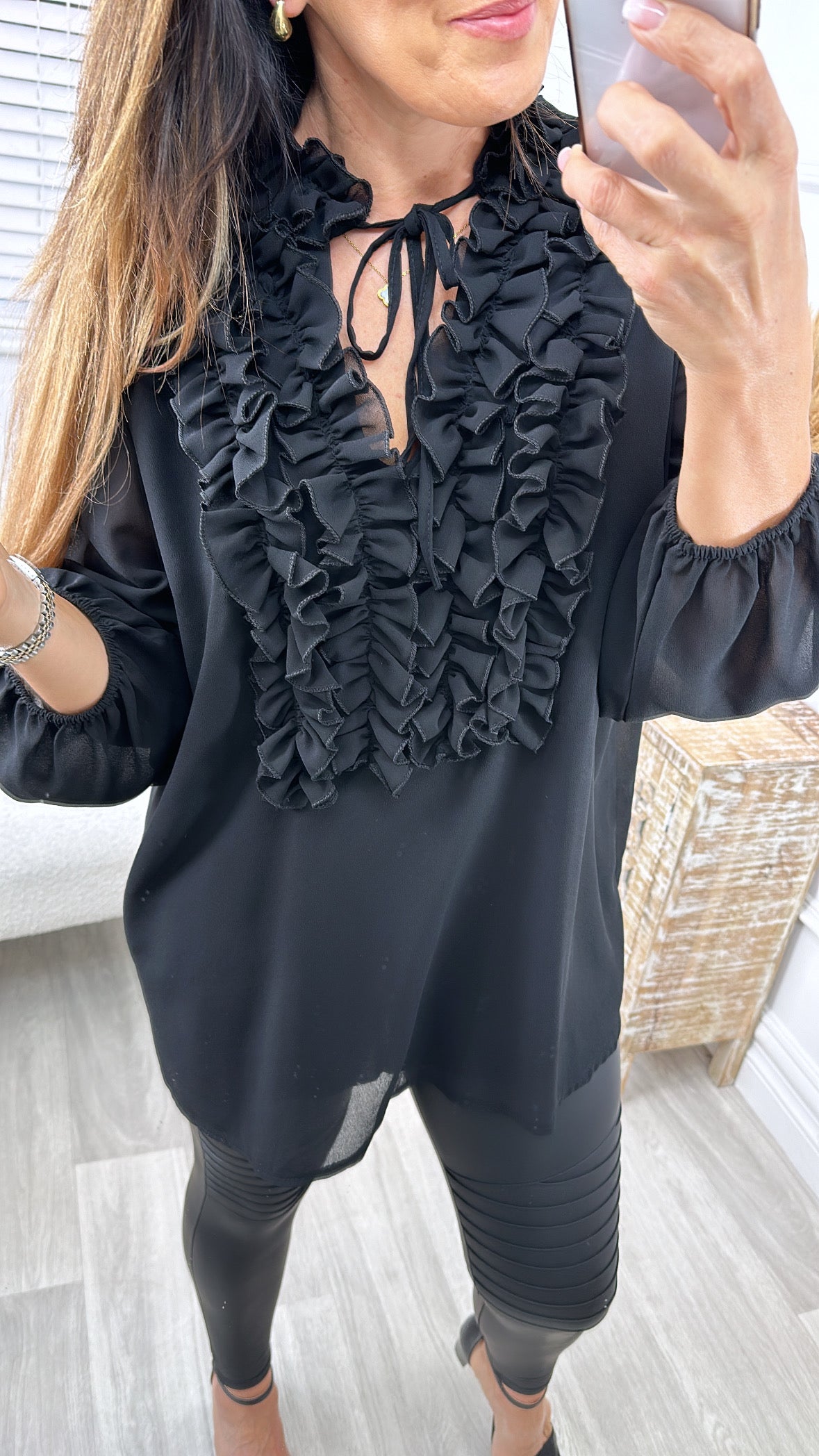 Kerrie Black Ruffle Bib Blouse