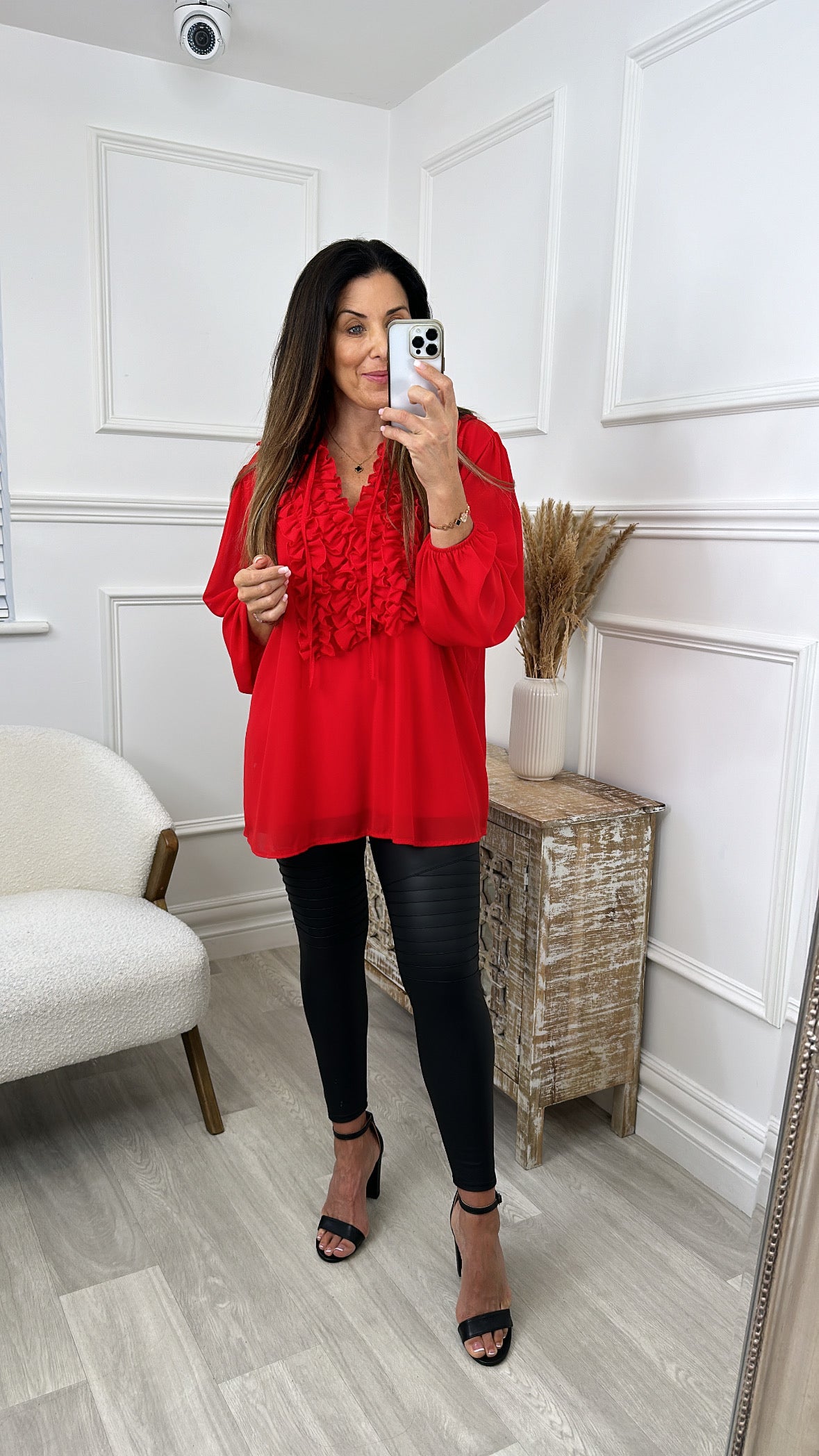 Kerrie Red Ruffle Bib Blouse