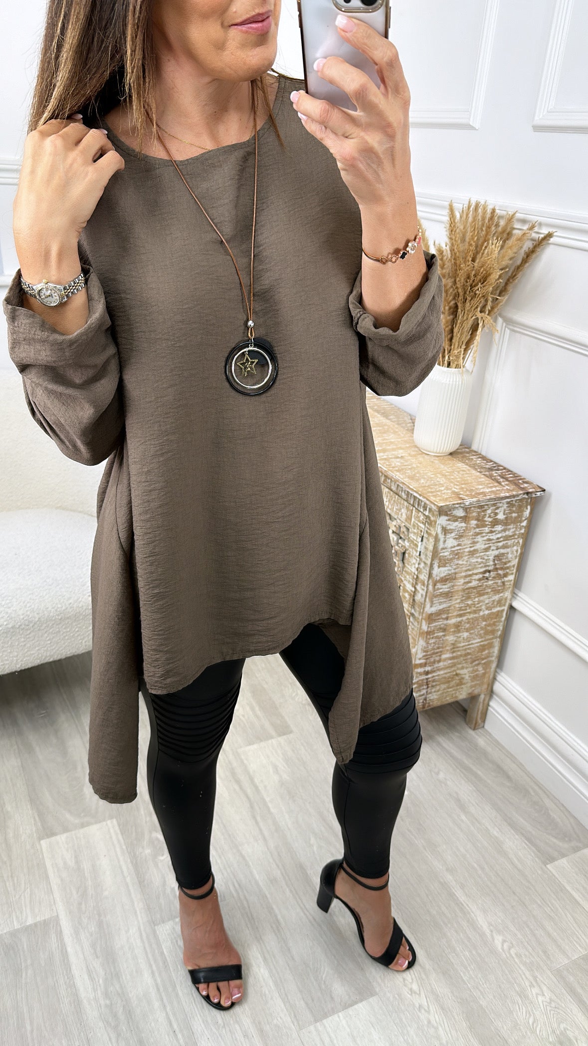 Sienna Light Brown Tunic Top with Necklace