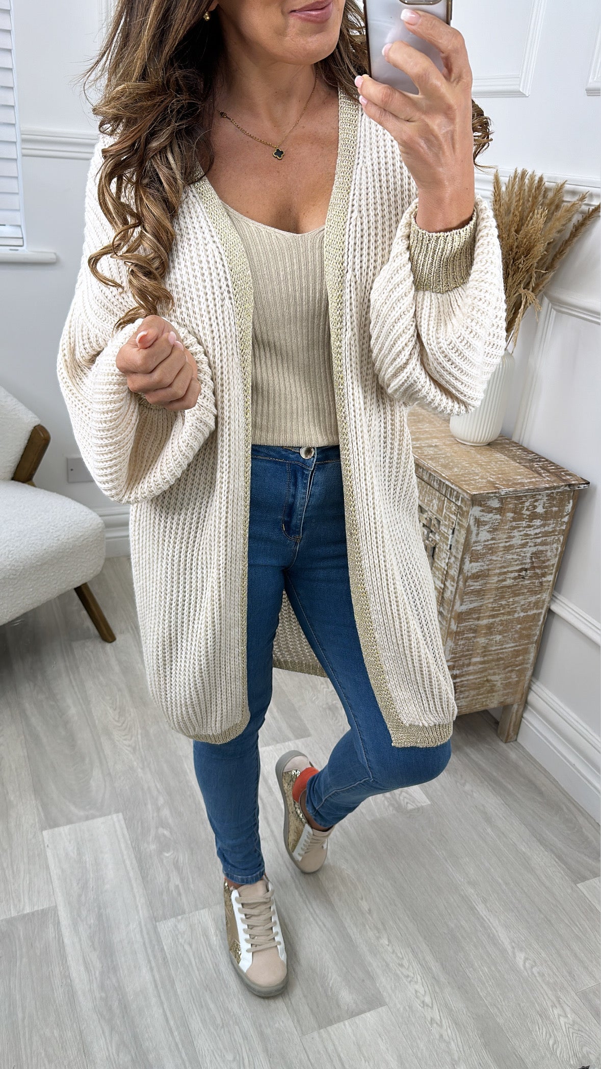 Caitlin Beige Gold Trim Cardigan