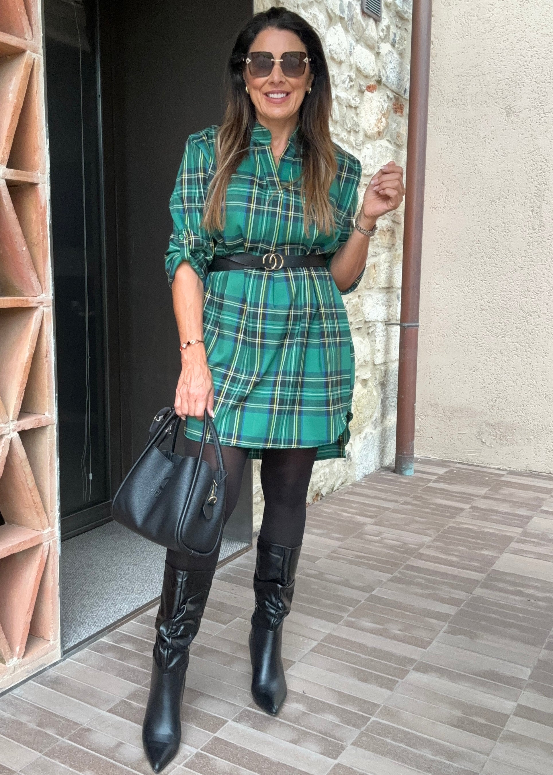 Ciara Green Tartan Belt Tunic Dress