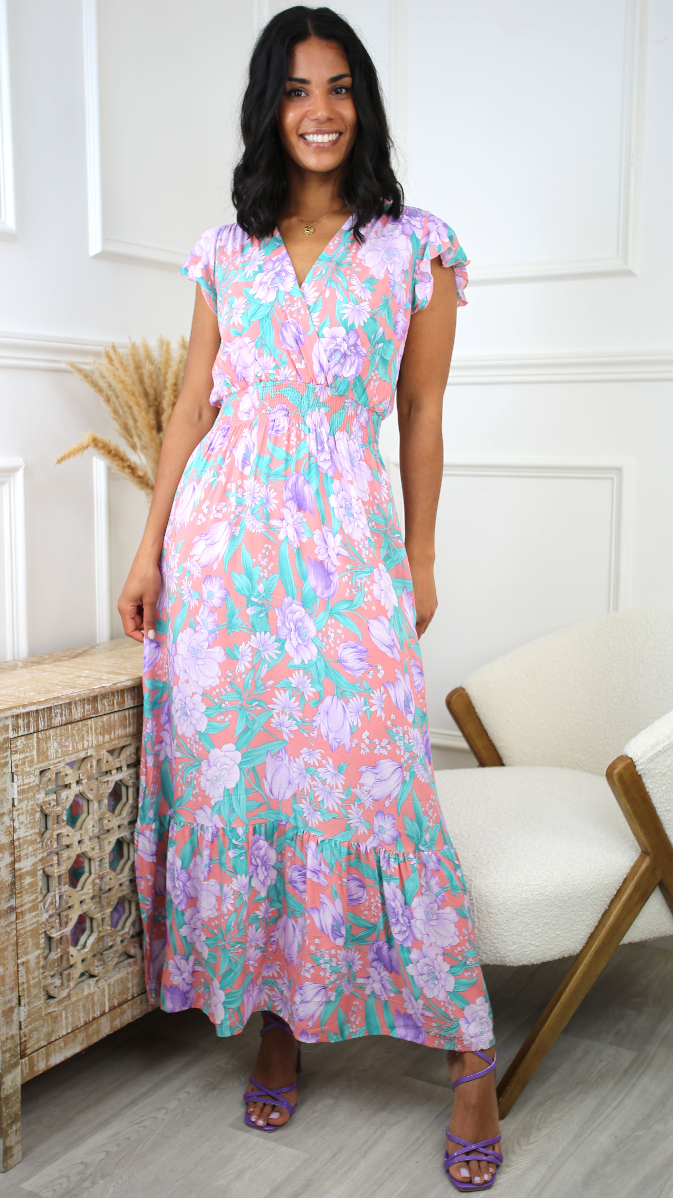 Patricia Coral Floral Print Maxi Dress