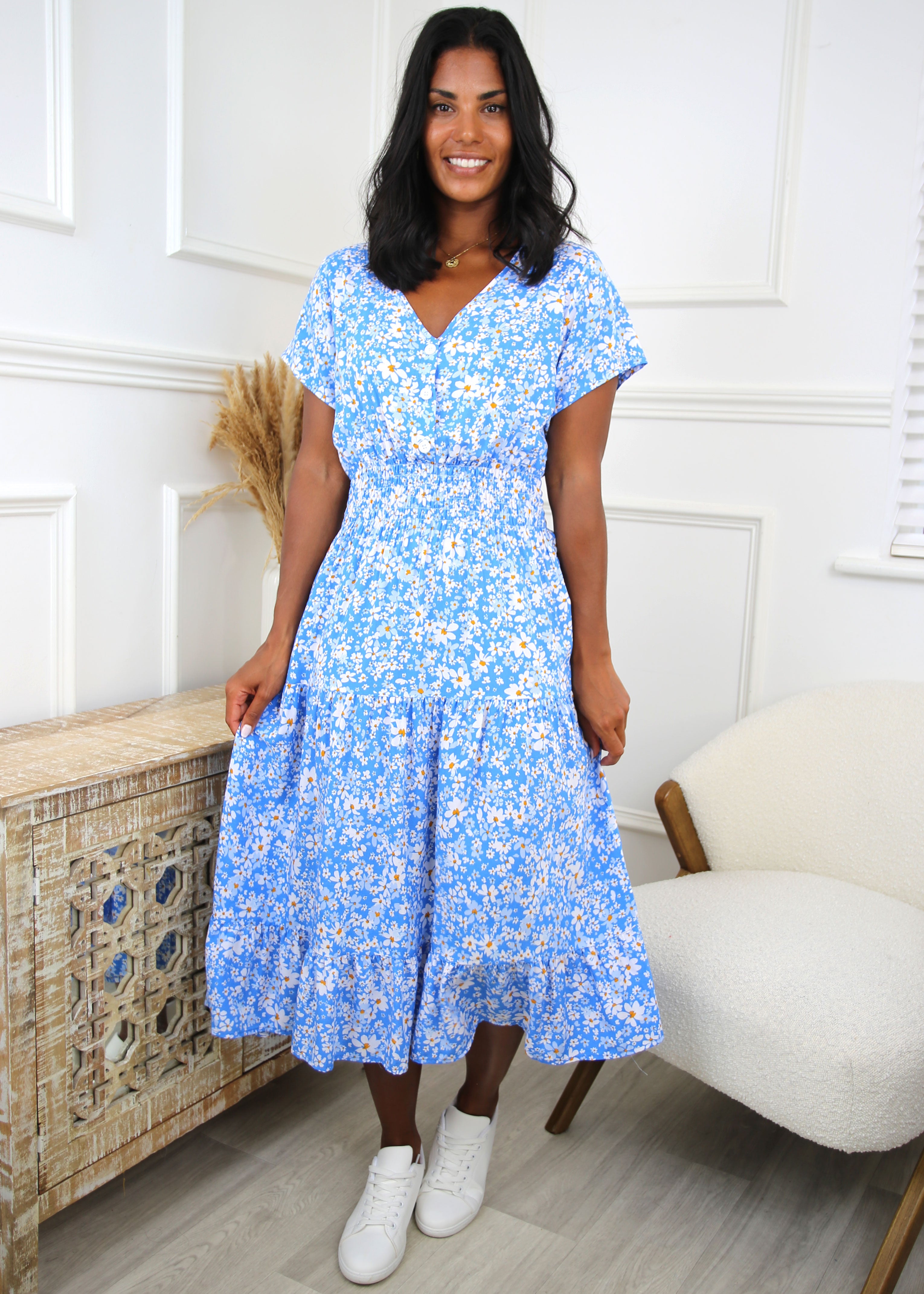 Jean Blue Floral Midi Dress