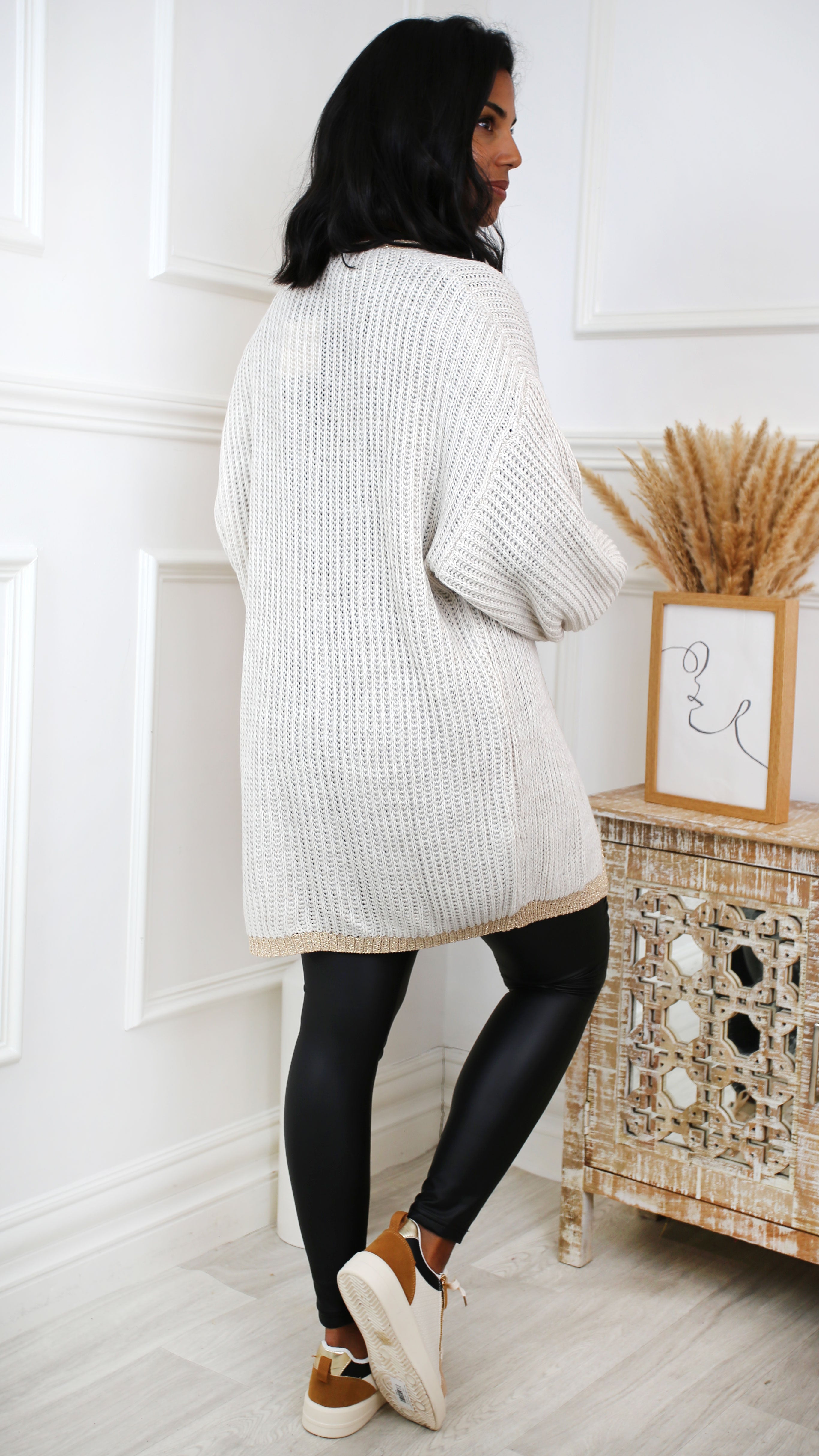 Caitlin Beige Gold Trim Cardigan