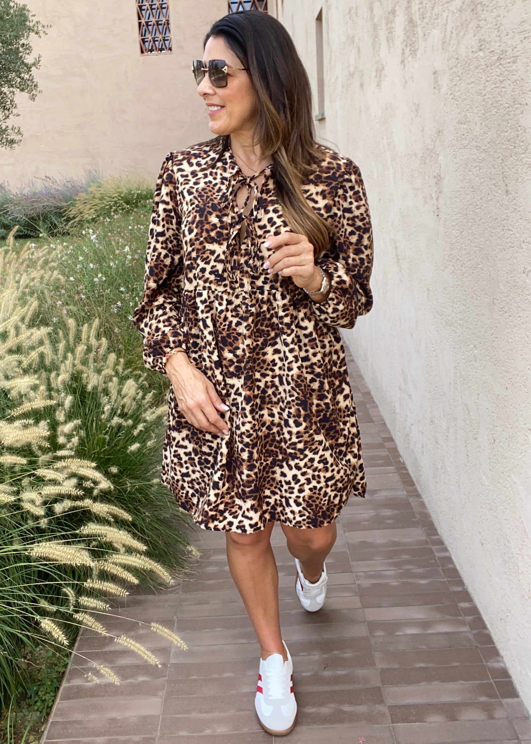 Patrice Leopard Smock Tie Neckline Dress