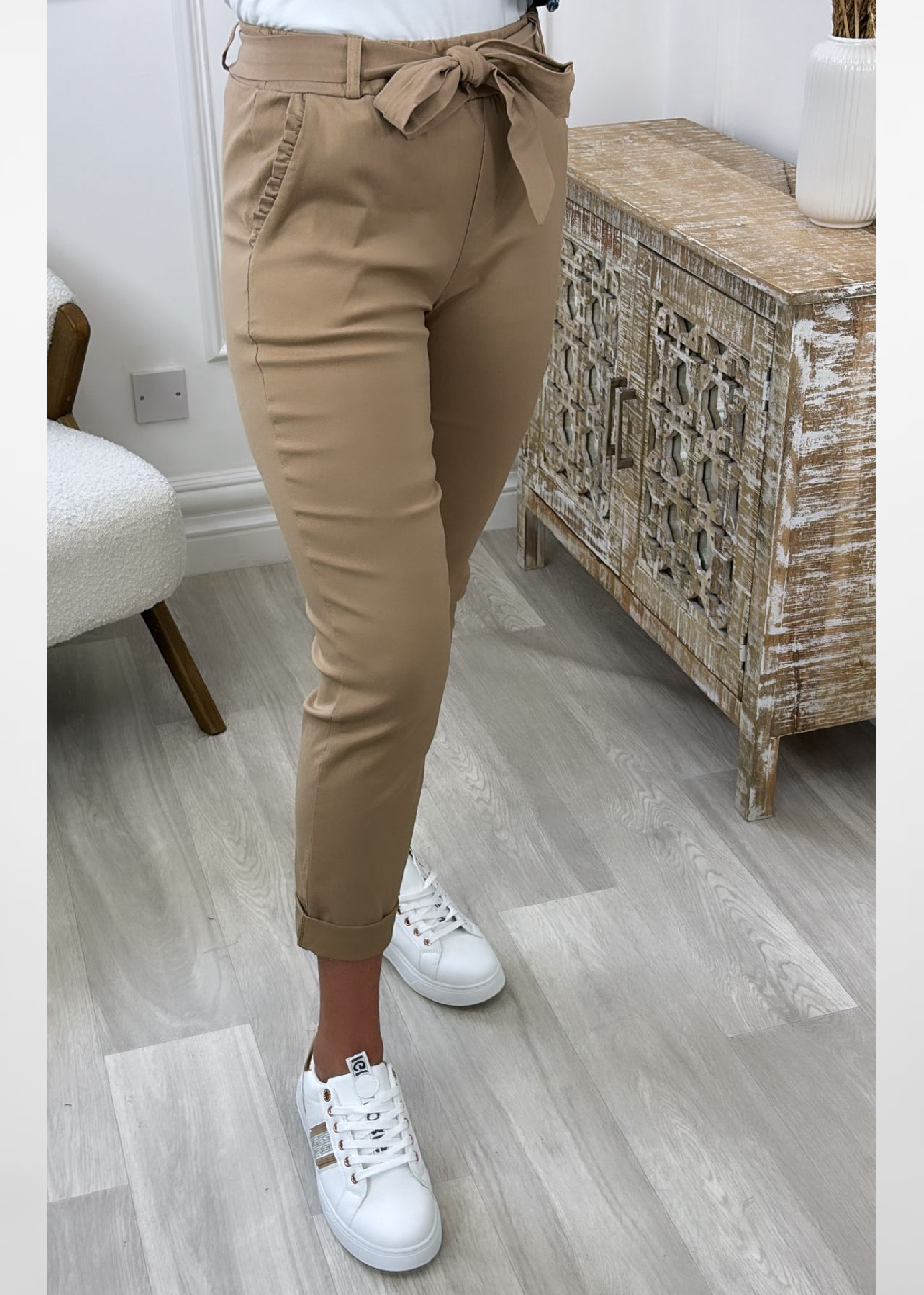 Carmel Beige Pleated Pocket Cropped Trousers