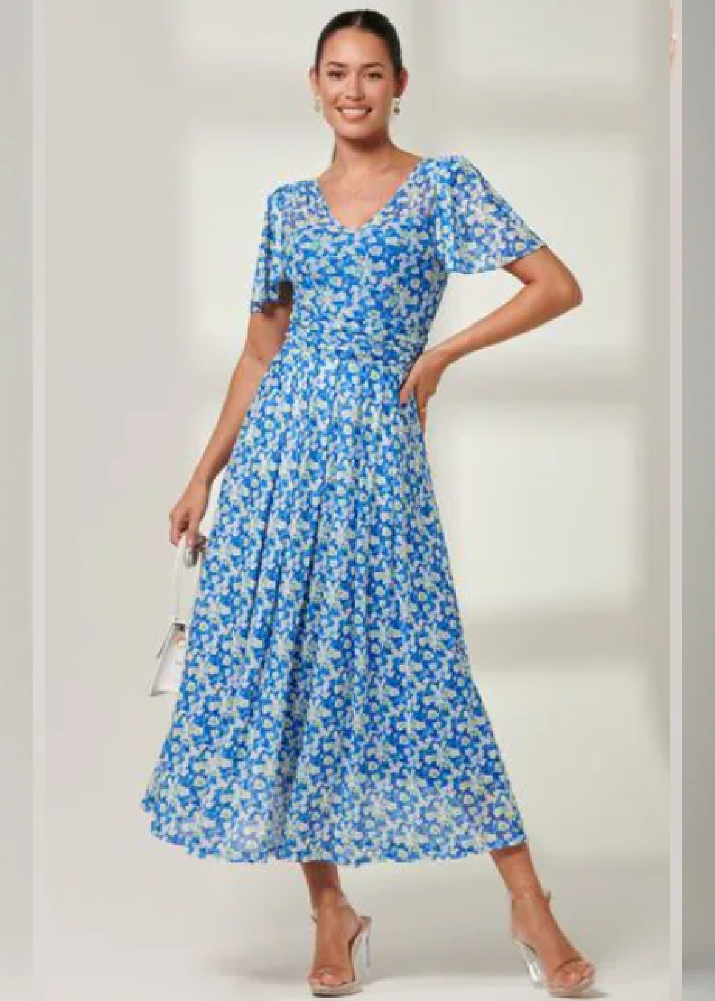 Bianca Blue Floral Pleated Mesh Maxi Dress
