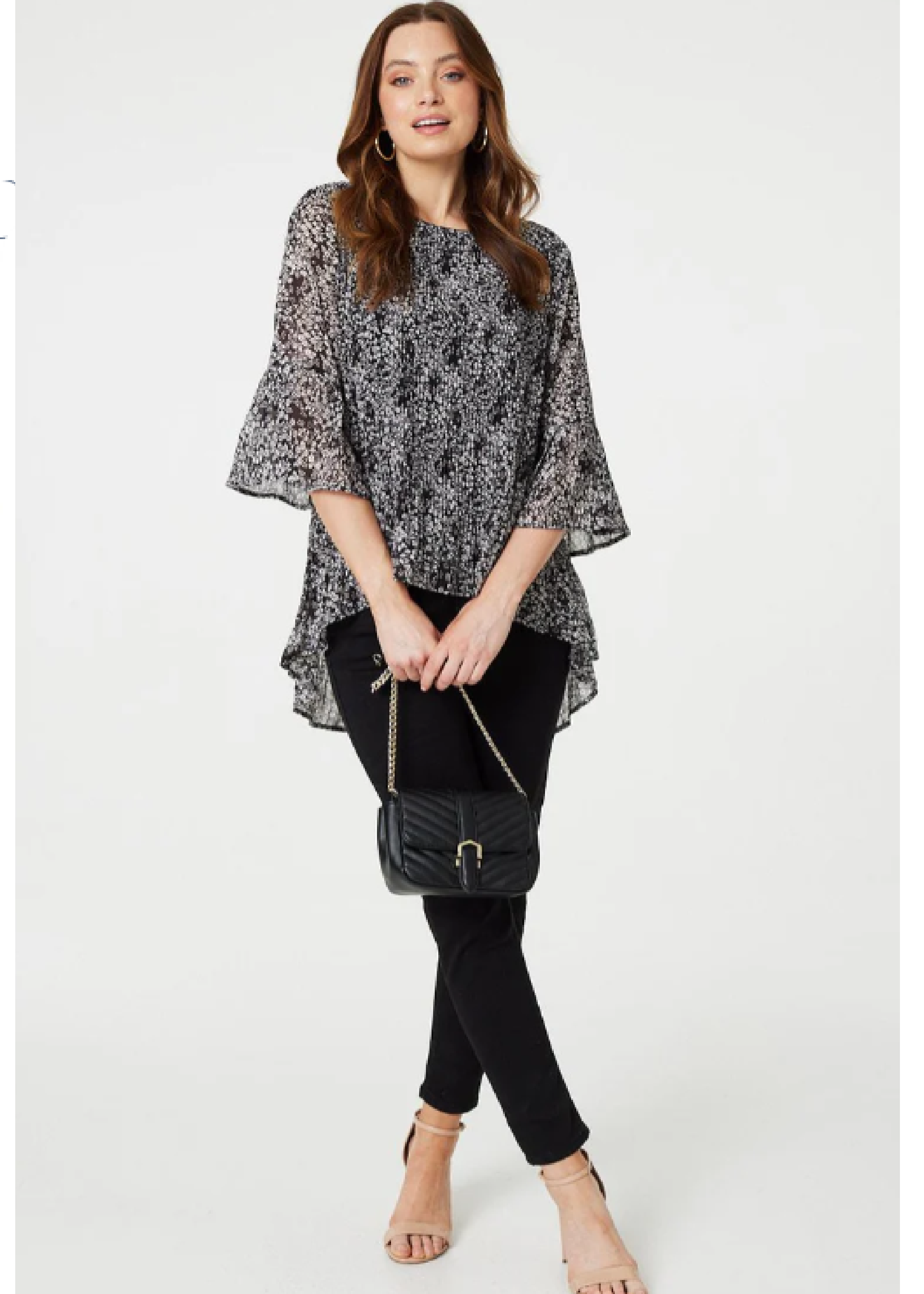 Hayley Black Ditsy Print Curve Hem Blouse