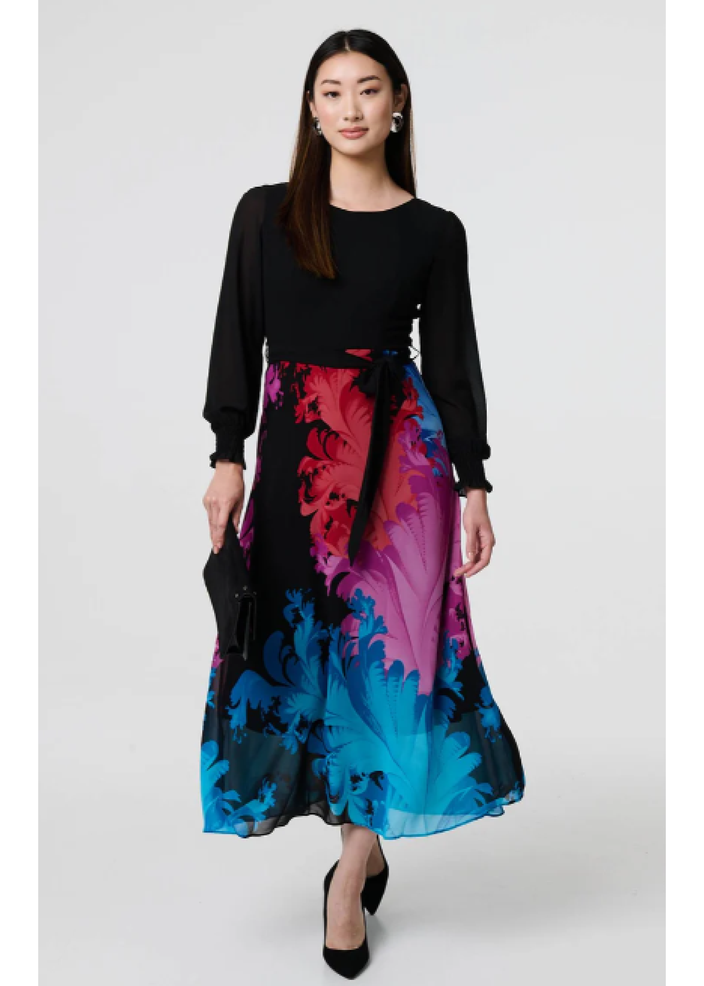 Myrtle Black Contrast Print Midi Dress