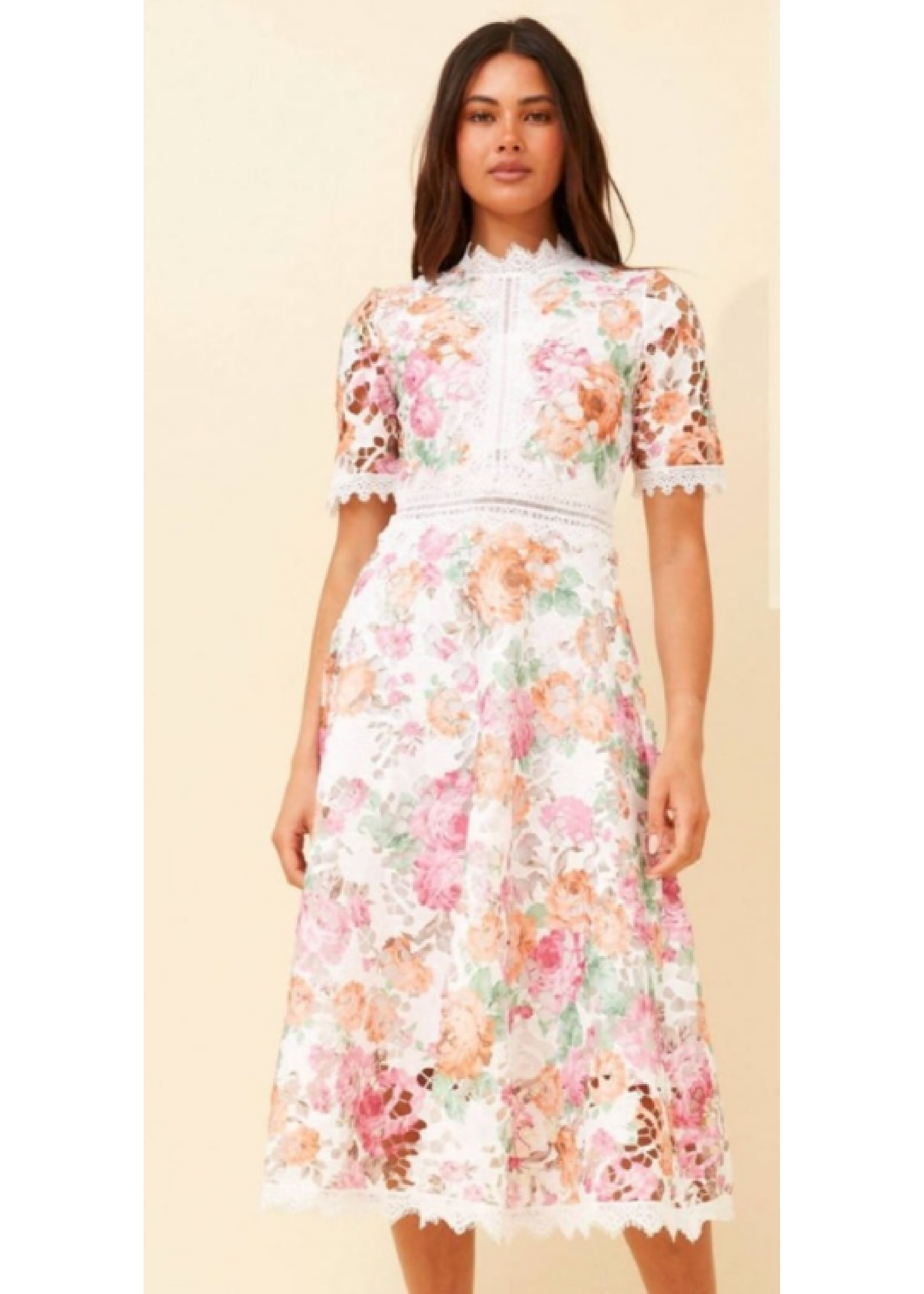 Miriam Pink Floral Lace Midi Dress