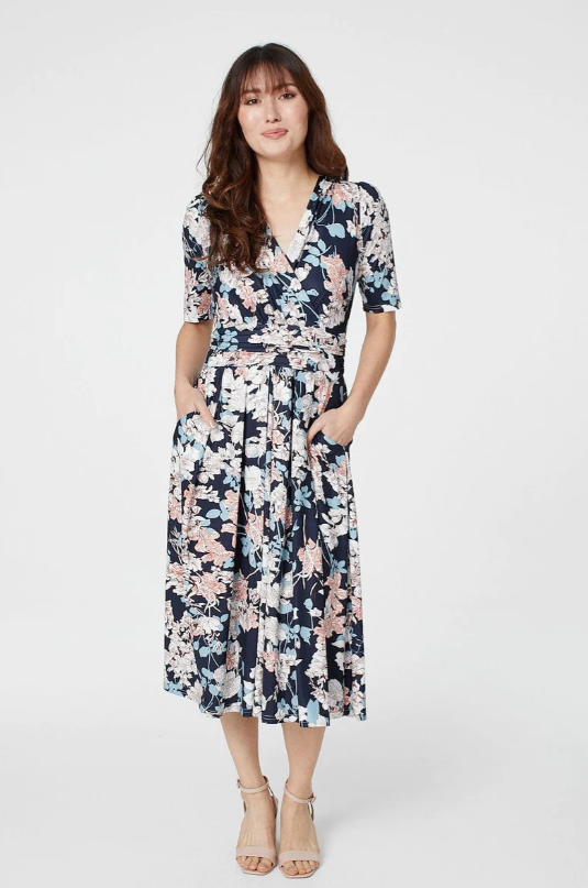 Kathleen Navy Wrap Midi Dress