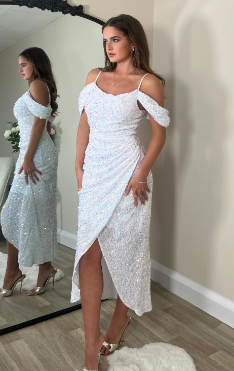 Camila White Sequin Wrap Over Midi Dress
