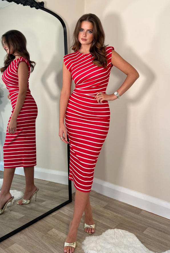 Pari Red Stripe Ruched Shoulder Pad Midi Dress