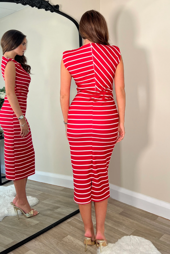 Pari Red Stripe Ruched Shoulder Pad Midi Dress