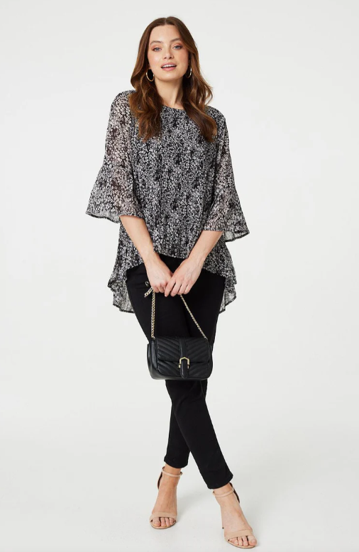 Hayley Black Ditsy Print Curve Hem Blouse