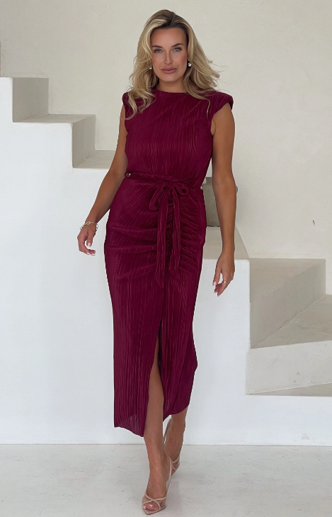 Elena Wine Ruched Seamed Midi Dress