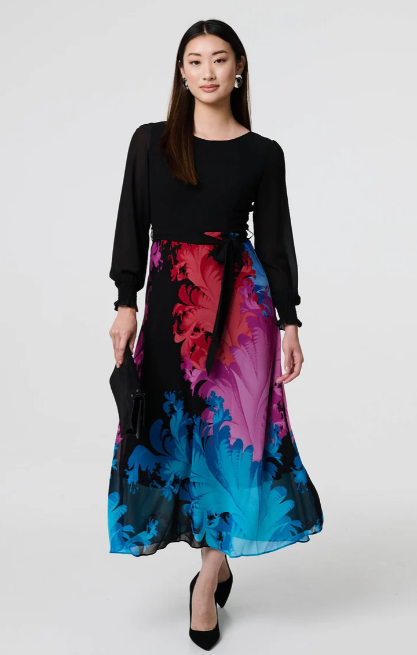 Myrtle Black Contrast Print Midi Dress