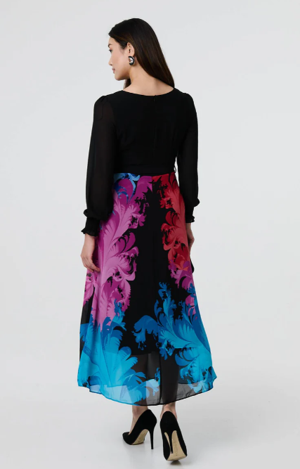 Myrtle Black Contrast Print Midi Dress