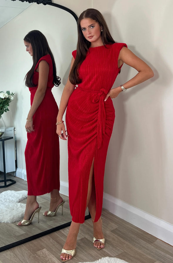 Elena Red Ruched Seamed Midi Dress