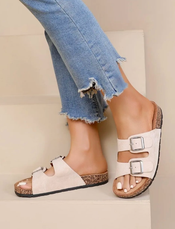 Eithne Beige Buckle Strap Sliders