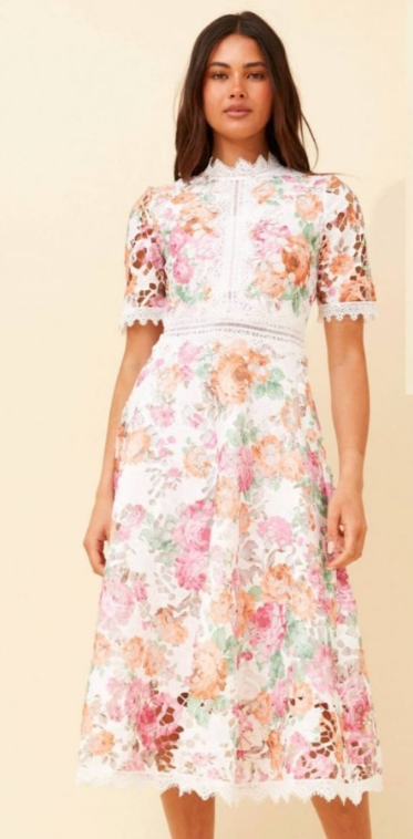 Miriam Pink Floral Lace Midi Dress