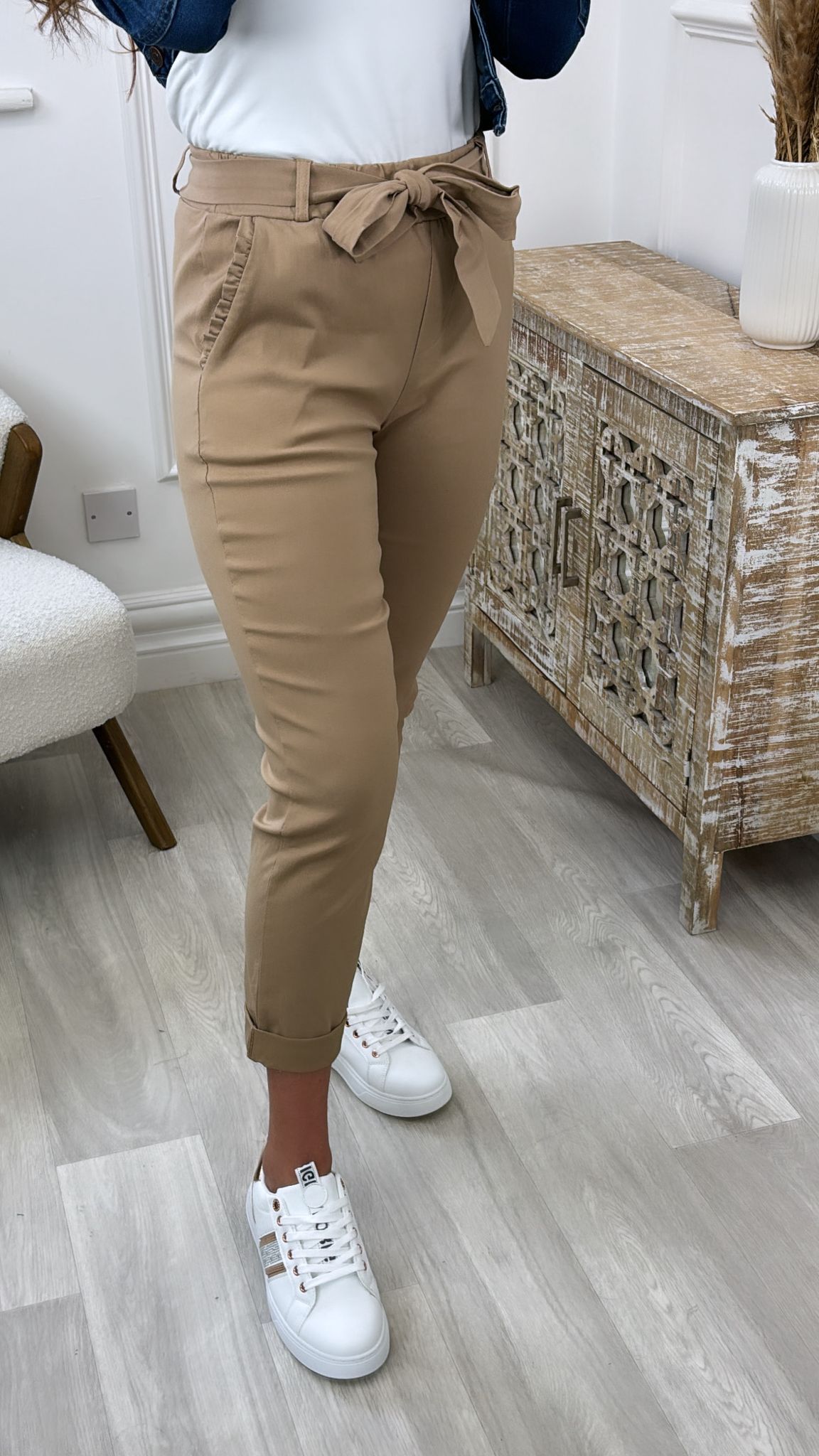 Carmel Beige Pleated Pocket Cropped Trousers