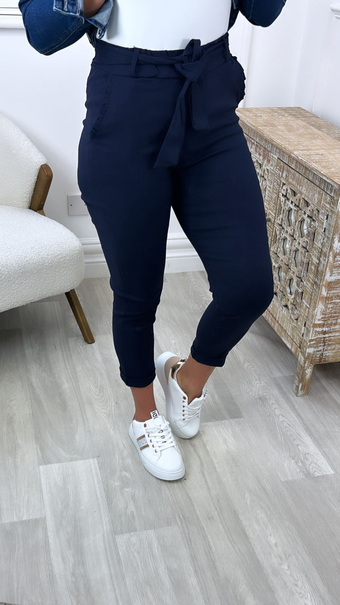 Carmel Navy Pleated Pocket Cropped Trousers