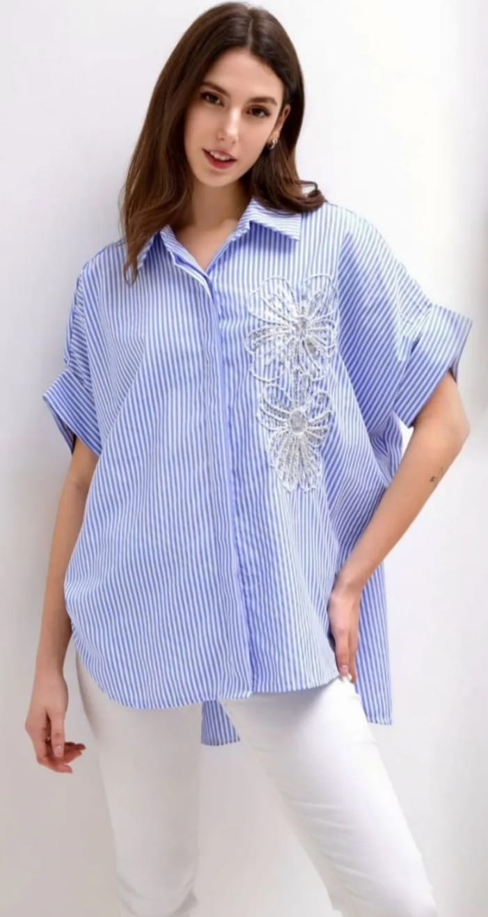 Sandra Blue Stripe Sequin Flower Shirt