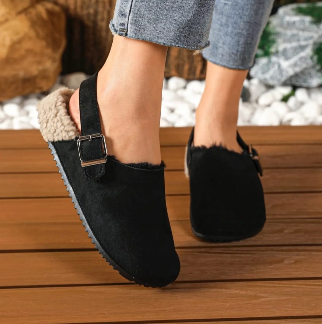 Winnie Black Plush Clogs