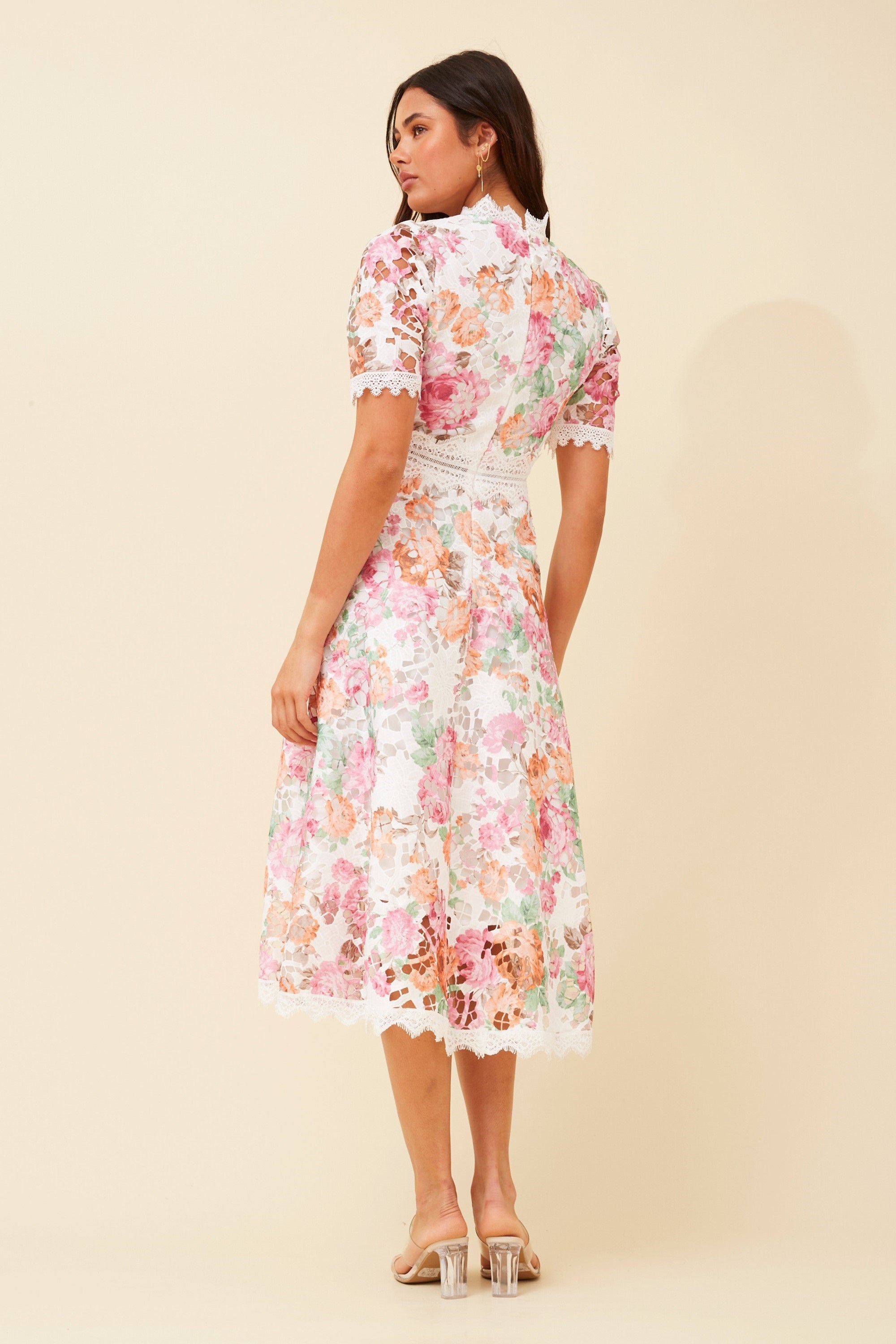 Miriam Pink Floral Lace Midi Dress