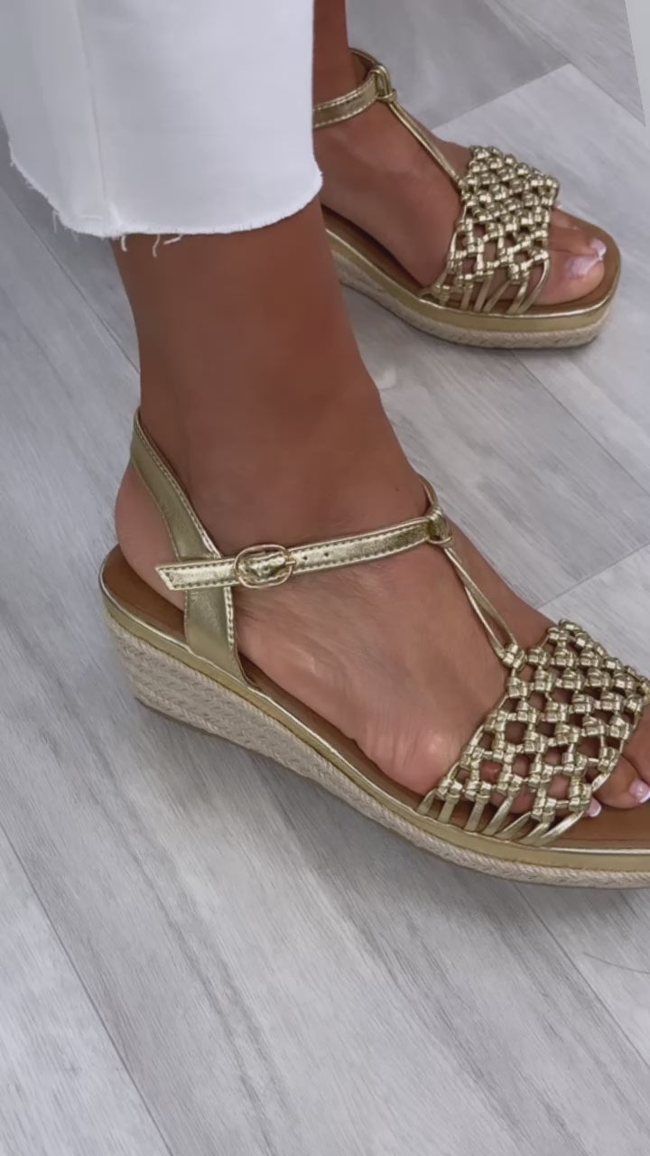 Giselle Gold Crochet Wedge Sandals