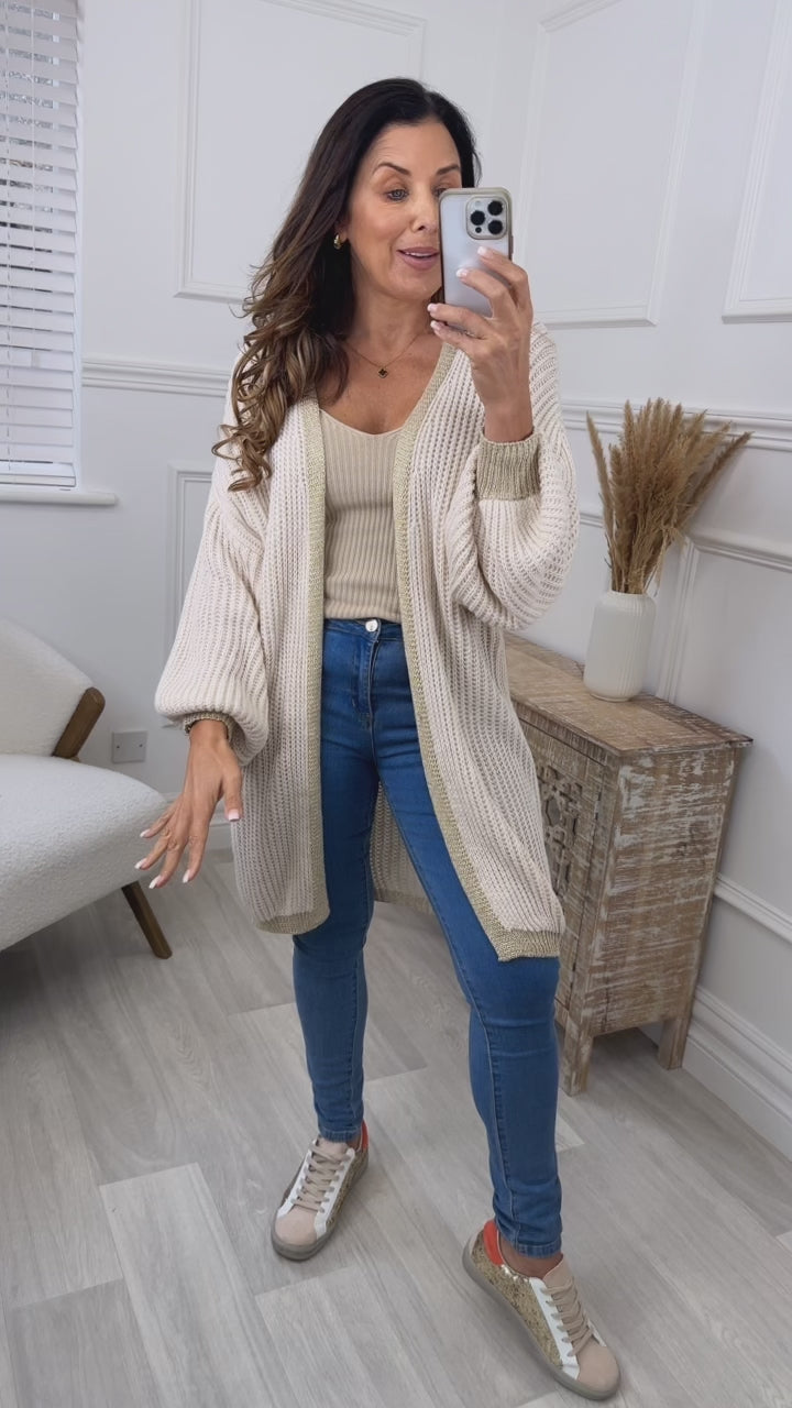 Caitlin Beige Gold Trim Cardigan