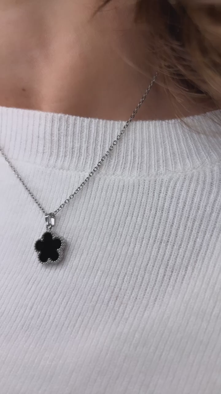 Cornelia Black Petal Flower Silver Necklace