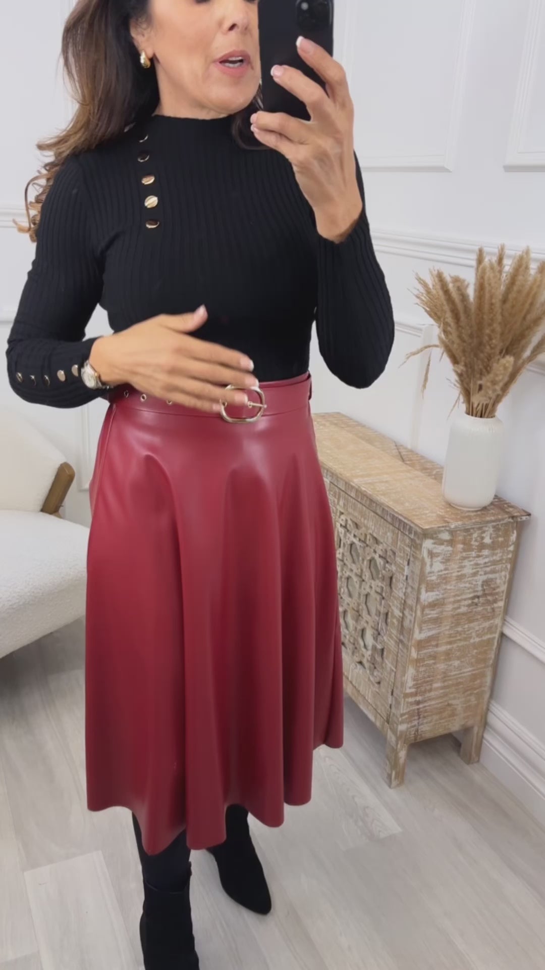 Chris Wine Faux Leather Midi Skirt